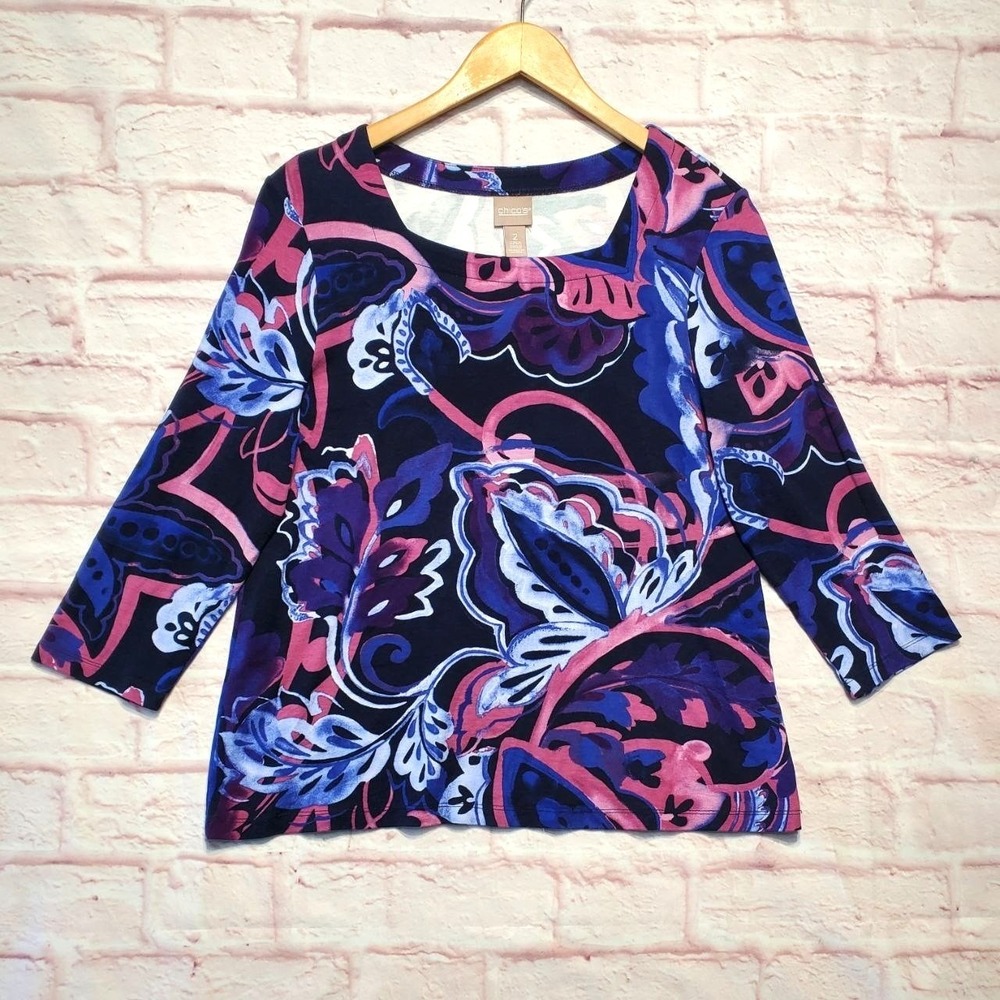 Chicos Shirt Women Large Blue Pink Purple Floral Stretch Pullover Top Boho Artsy